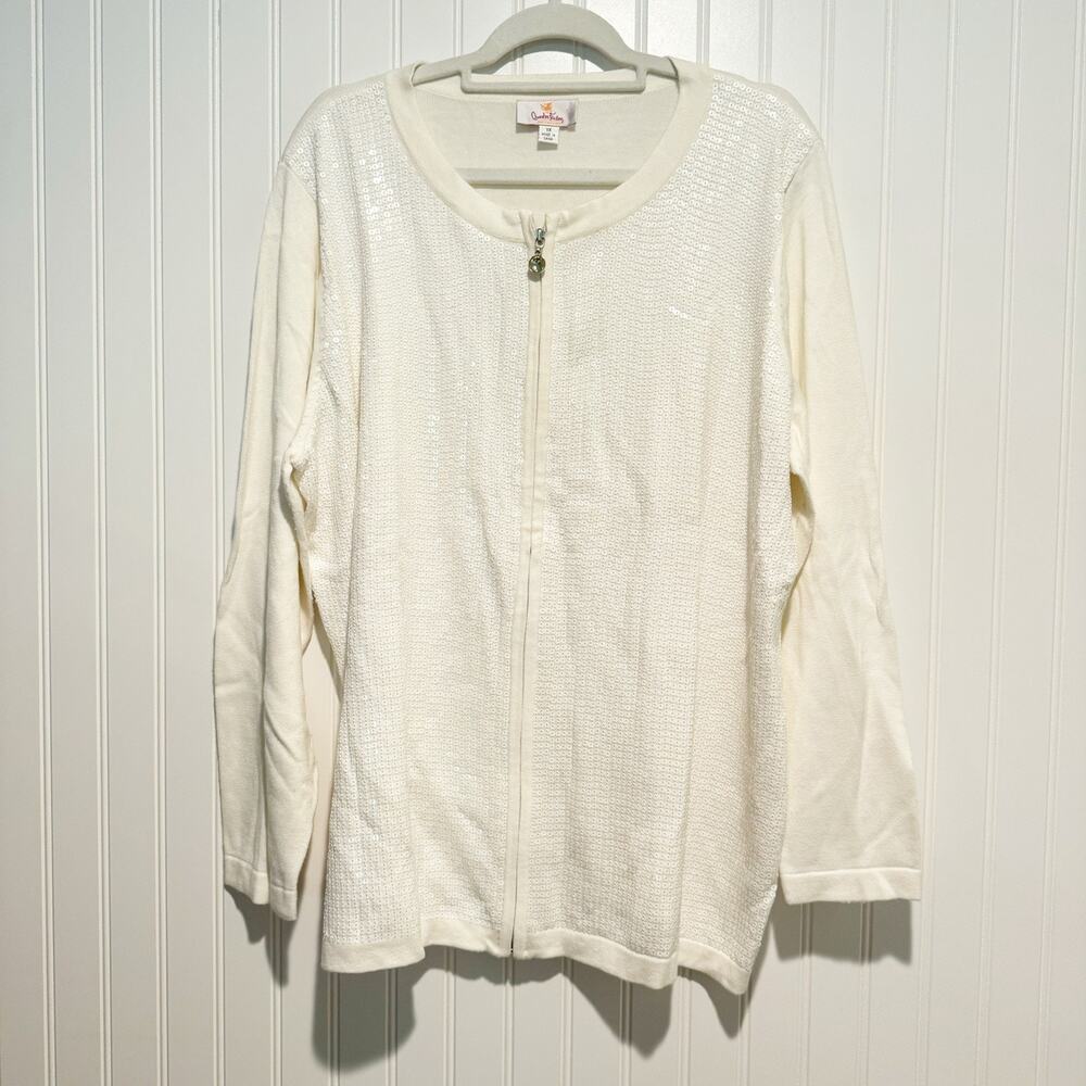 Quacker Factory White Sequined Zip Up Cardigan Size 1X